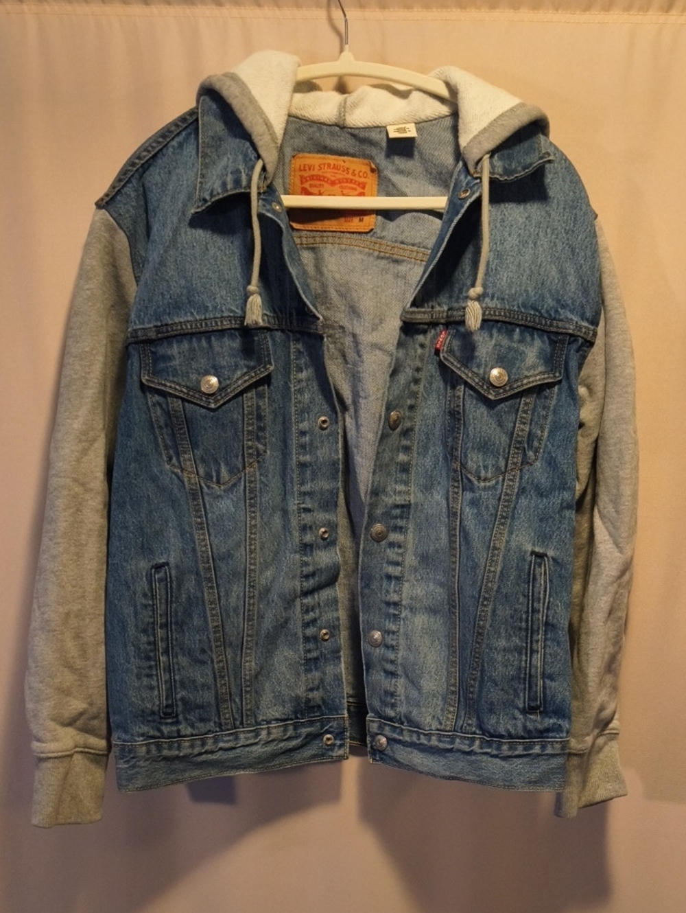 Levi's Blue Denim Jacket with Gray Hood And Sleeves Size M